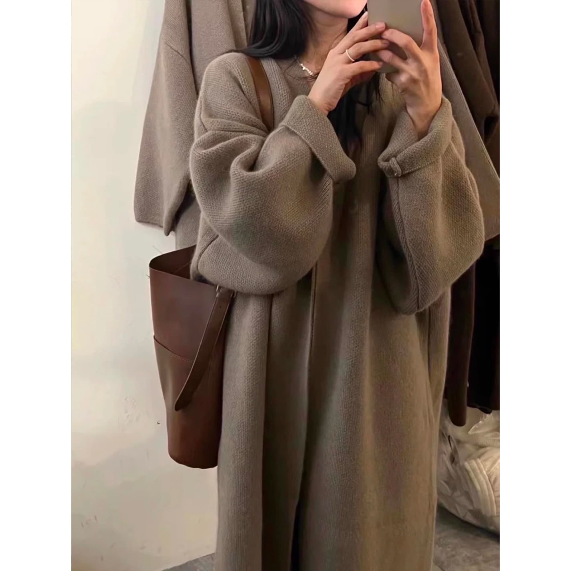 Khaki Knitted Cardigan Sweater, Womens Coat, Long Cardigan, Wool Coat, Cozy Style Loose, Plus Size Maxi Coat, Office Outfits, Fall Clothing - alternate view